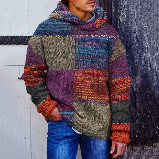 Men's Vintage Patchwork Cozy Hooded Sweater elevenforest