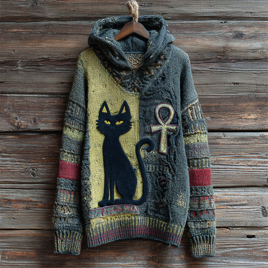 Comstylish Halloween Egyptian Ankh & Cat Women's Hooded Sweater