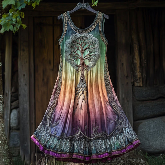 Vintage Tribal Life Of Tree Gradient Art Linen Tank Dress artswardrobe