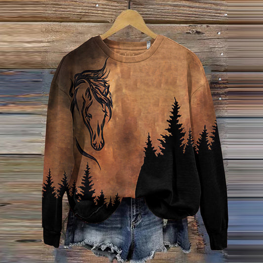 Comstylish Vintage Southwestern Horse Print Crewneck Sweatshirt