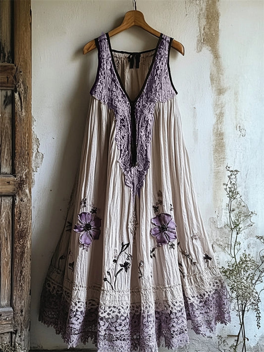 Boho Floral Embroidered Lace Patchwork Linen Dress artswardrobe
