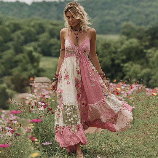 Women's Patchwork Rose Embroidered Linen Maxi Dress artswardrobe