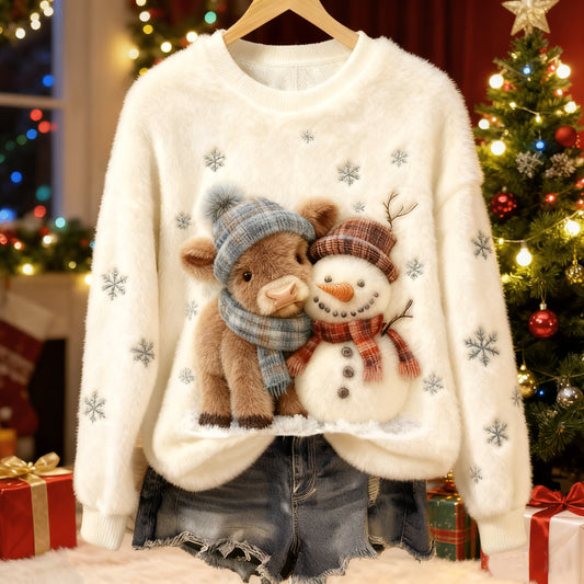 Cute Highland Cow And Snowman Art Plush Pattern Christmas Sweater artswardrobe