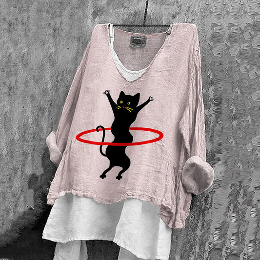 Women's Dancing Cat Art Cotton And Linen V-neck Shirt elevenforest