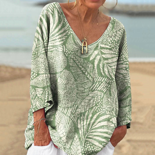 Leaf Print V-neck Loose Linen Blend T-shirt artswardrobe