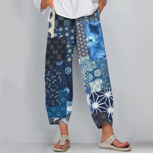 Comstylish Vintage Japanese Blooming Traditional Sashiko Patchwork Art Cropped Casual Pants
