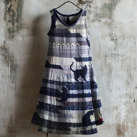Cats Patchwork Textile Linen Tank Dress