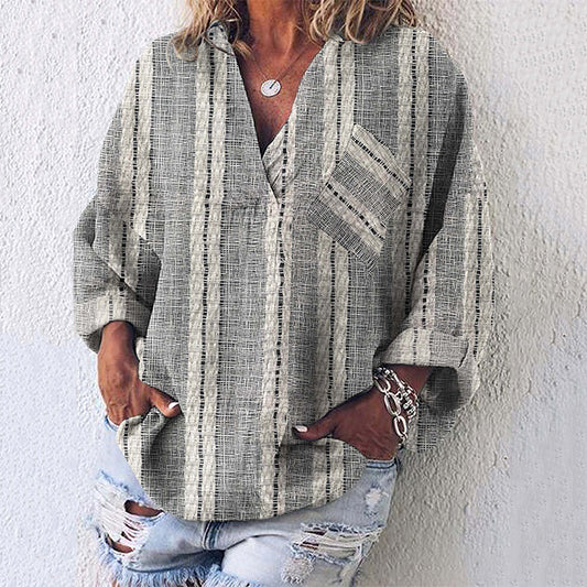 Comstylish Women Vintage Stripes Pocket Casual Shirt