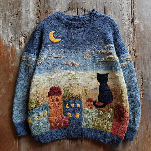 Comstylish Vintage Fairytale Cottage With Lovely Cute Black Cat Inspired Embroidered Cozy Knit Sweater