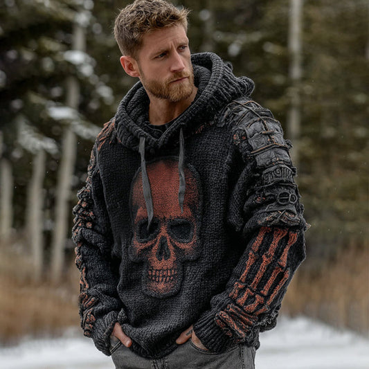 Men's Halloween Skull Art Inspired Knitted Hooded Sweater elevenforest