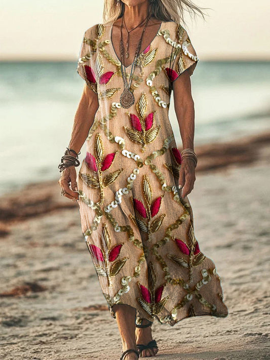 Women's Sequin & Floral Embroidered Linen Blend Vintage Dress artswardrobe