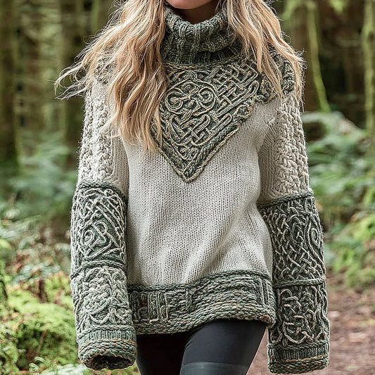 Women's Viking Tree Of Life With Celtic Knot Art Gradient Turtleneck Cozy Knit Sweater elevenforest
