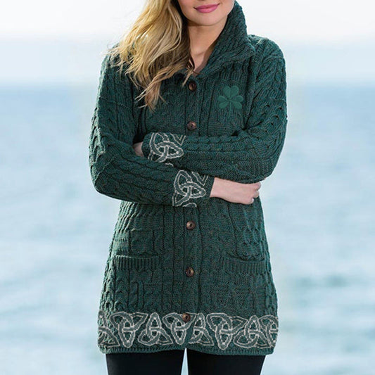 Women's Celtic Knit Jacquard Lapel Button Sweater artswardrobe