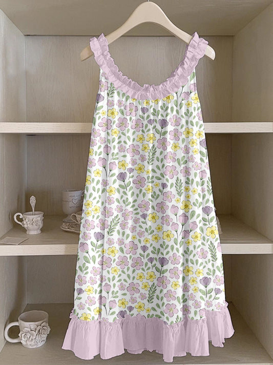 Vintage Floral Pattern Ruffle Trim Linen Dress artswardrobe