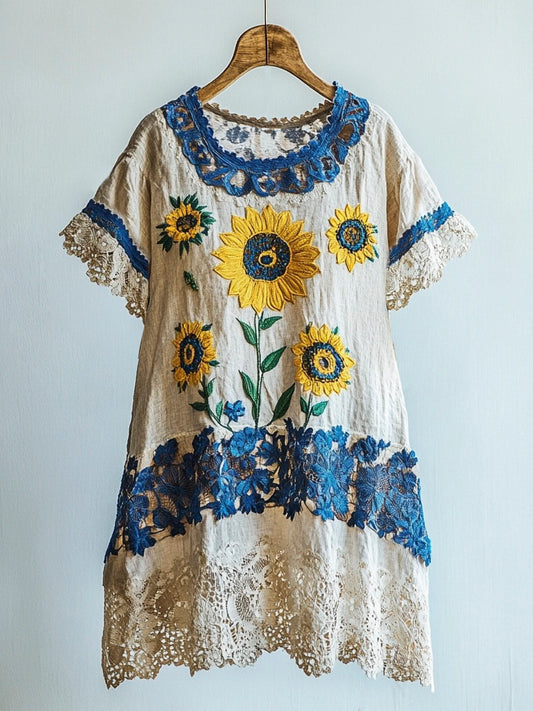 Sunflower Vintage Lace Embroidery Patchwork Women's Linen Dress artswardrobe