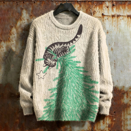 Men's Christmas Tree Cat Print Cozy Knitted Pullover Sweater elevenforest