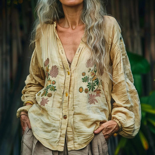 Bohemian Style Linen Floral Art Print Long Sleeve Loose  Shirt artswardrobe