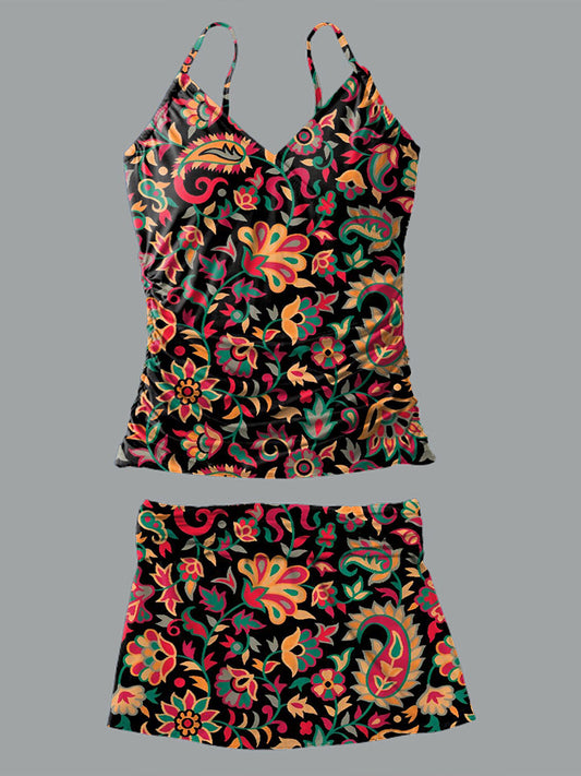 V-Neck Vintage Flowers Print Suspender Skirt Tankini Pantskirt Set Swimsuit