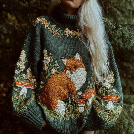 Forest Fox & Mushroom Embroidery Women's Knit Turtleneck Sweater artswardrobe