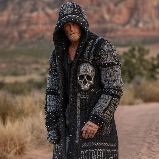 Men's Dark Style Skull Inspired Knitted Cozy Long Hooded Cardigan artswardrobe