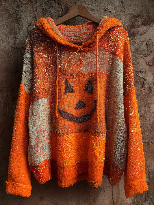 Halloween Pumpkin Face Glitter Sequins Patchwork Cozy Knit Hooded Sweater elevenforest