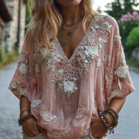 Women's Embroidered Rose Pink Casual Short-sleeved Shirt artswardrobe