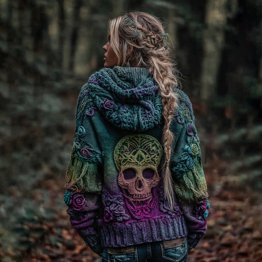 Women's Vintage Viking Skull And Rose Gradient Art Knit Hooded Sweater artswardrobe
