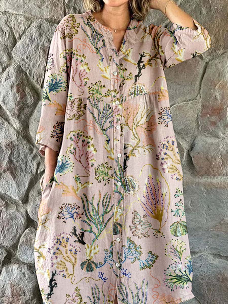 Women's Elegant Vintage Floral Print Shirt Style Cotton and Linen Dres