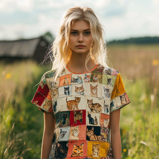 Women's Pop Art Cat Contrast Patchwork Long Sleeves T-shirt elevenforest