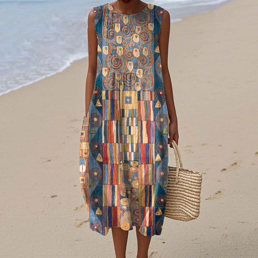 Women's Abstract Geometric Art Print Sleeveless Dress artswardrobe