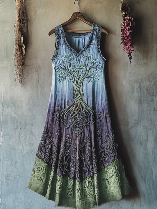 Vintage Viking Tribal Celtic Knot Life Of Tree Lace Patchwork Art Linen Tank Dress artswardrobe