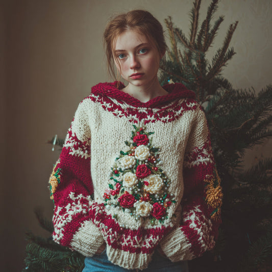 Vintage Christmas Tree Red Warm Hooded Sweater artswardrobe