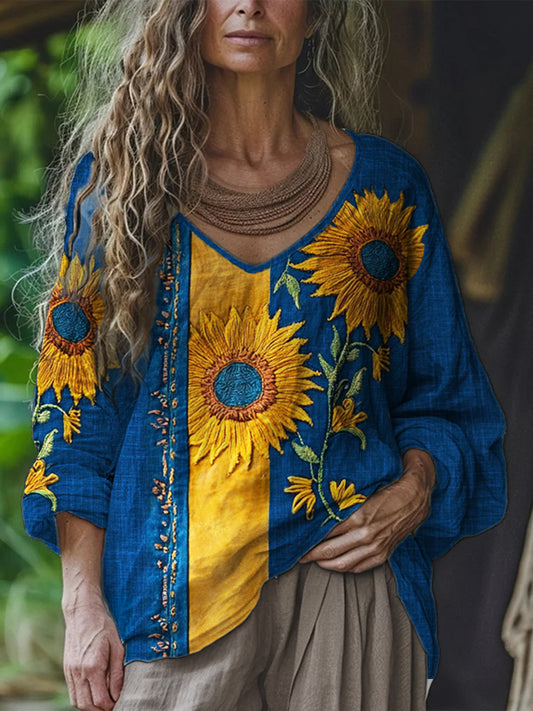 Ethnic Sunflowers Embroidered Contrast Patchwork Linen Tunic artswardrobe