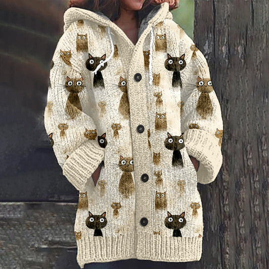 Watercolor Cat Art Pattern Cozy Hooded Knit Sweater elevenforest
