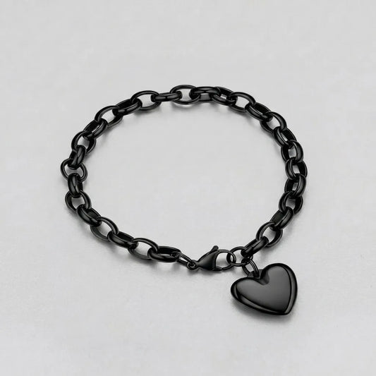 Black Heart Charm Cable Link Bracelet