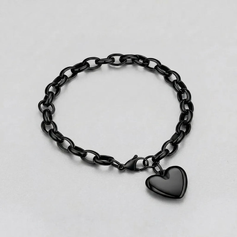 Black Heart Charm Cable Link Bracelet