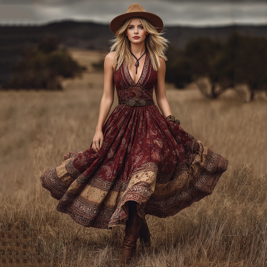 Women's Vintage Western Flower Print V-neck Sleeveless Maxi Dress artswardrobe