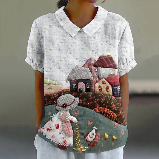 Vintage Linen Quilted Farm Cute Cartoon Pattern Shirt artswardrobe
