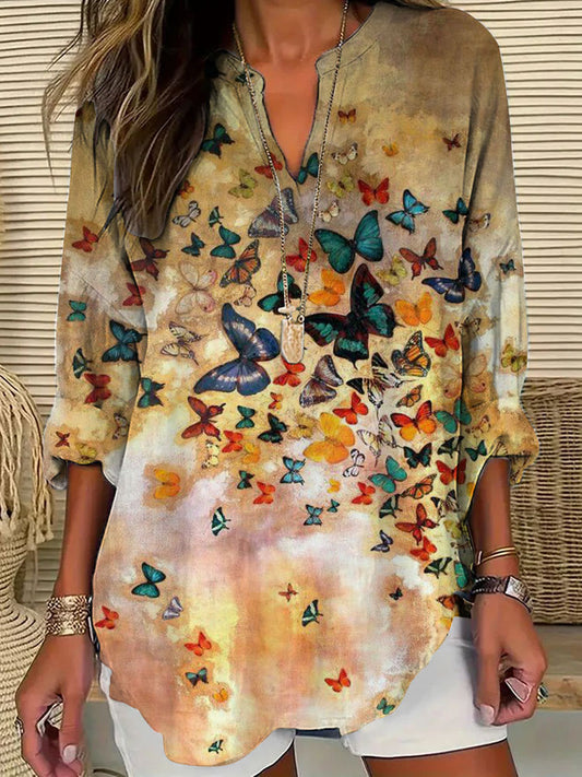 Comstylish Women's Casual Butterfly Watercolor Printed V Neck Shirt