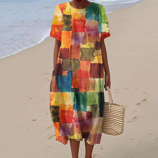 Women's Vintage Watercolor Art Print Short Sleeve Dress artswardrobe