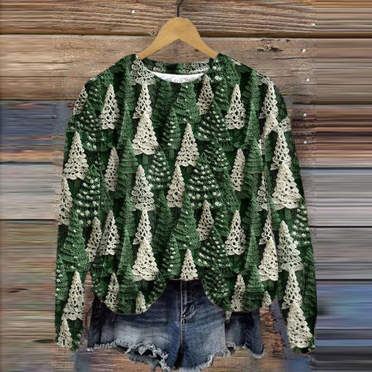 Comstylish Christmas Tree Print Casual Crew Neck Sweatshirt