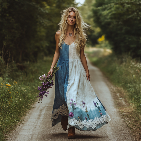 Spring Girl Green Pastoral Style Retro Bohemian Floral Embroidery Pattern Linen Tank Dress artswardrobe