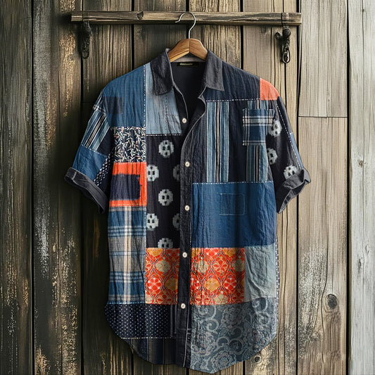 Men's Retro Floral Geometry Patchwork Art Linen Casual Shirt artswardrobe