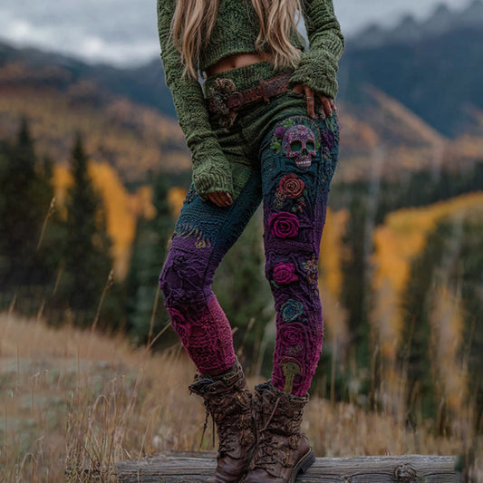 Comstylish Women's Vintage Viking Skull And Rose Art Knit Leggings