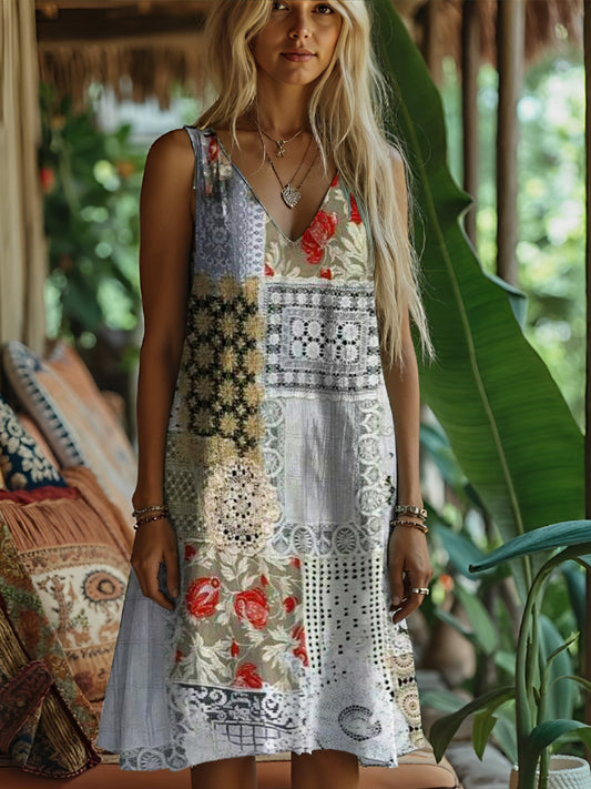 Boho Vintage Cutout Lace Floral Patchwork Tank Dress artswardrobe