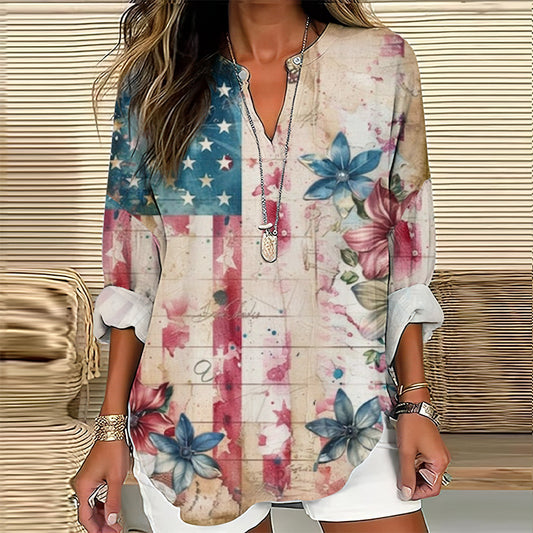 Vintage Independence Day Flag Flower Print Long Sleeve Blouses artswardrobe