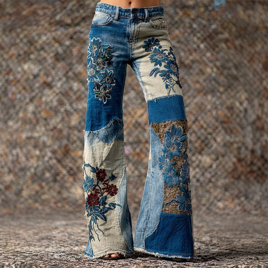 Comstylish Boho Floral Embroidered Patchwork Vintage Bootcut Jeans