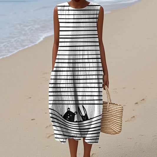 Women's Cute Dogs Stripes Art Print Sleeveless Dress artswardrobe