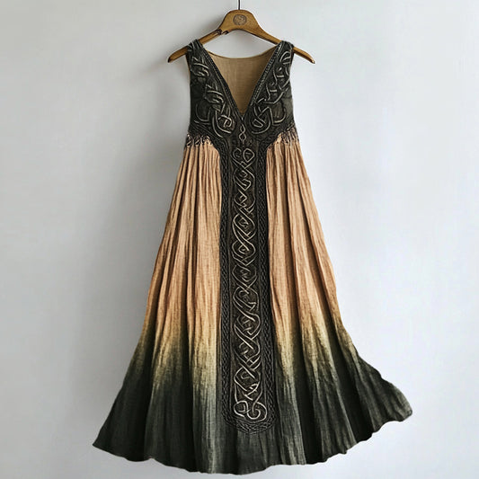 Vintage Celtic Contrast Forest Gradient Flowy Linen Dress artswardrobe
