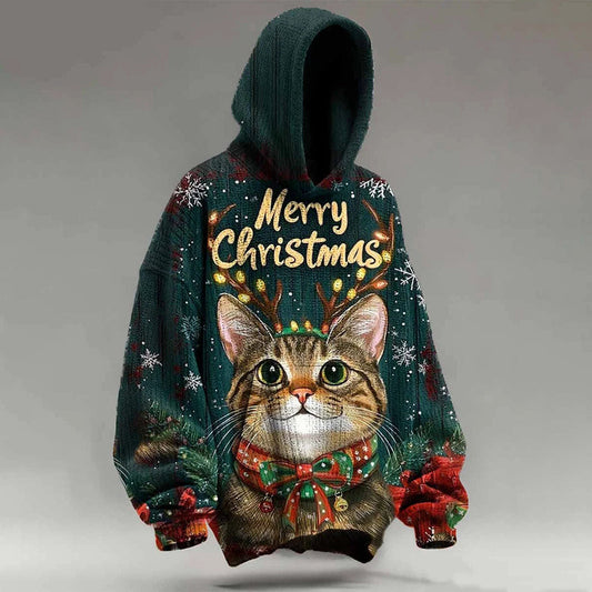 Christmas Cat Print Cozy Knit Hooded Sweater elevenforest